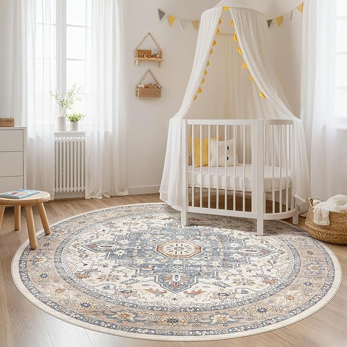 Round Rug Living Room Rugs: 8Ft Washable Boho Neutral Large Circle Soft Indoor Distressed Stain Resistant Floor Farmhouse Carpet for Bedroom Nursery Kids Playroom Office Dining Room Dorm- Beige Blue