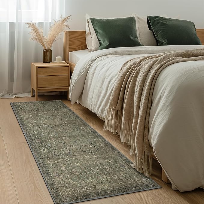 2x10 Runner Rug Machine Washable Boho Rug Runners for Hallway,Ultra-Thin Low Pile Rug,Lightweight Indoor Carpet,Non Slip Floral Runners for Enrtyway, Corridor, Home Office, Kitchen,Muted Green