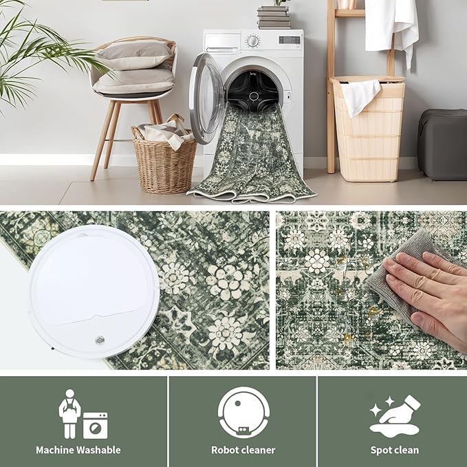 Area Rug 6×9 Washable Rugs for Bedroom, Vintage Floral Rug Soft Non Slip Stain Resistant Carpet for Living Room Dinning Room Kitchen Home Office Green Black