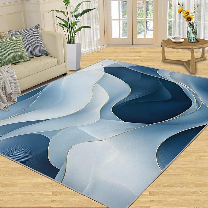 3x5 Abstract Lines Dorm Rug - Blue-White-Waves Small Rugs for Bedroom, Modern Abstract Area Rug Washable Non Slip for Bedroom Kitchen Living Room Entryway