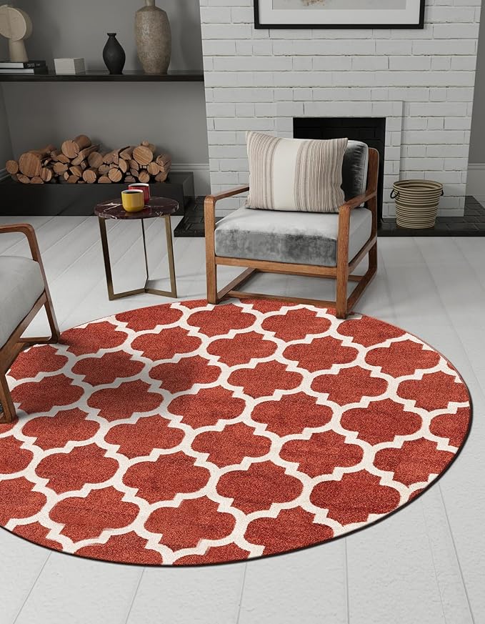Rugs.com Lattice Collection Rug – 6 Ft Round Light Terracotta Medium-Pile Rug Perfect for Kitchens, Dining Rooms