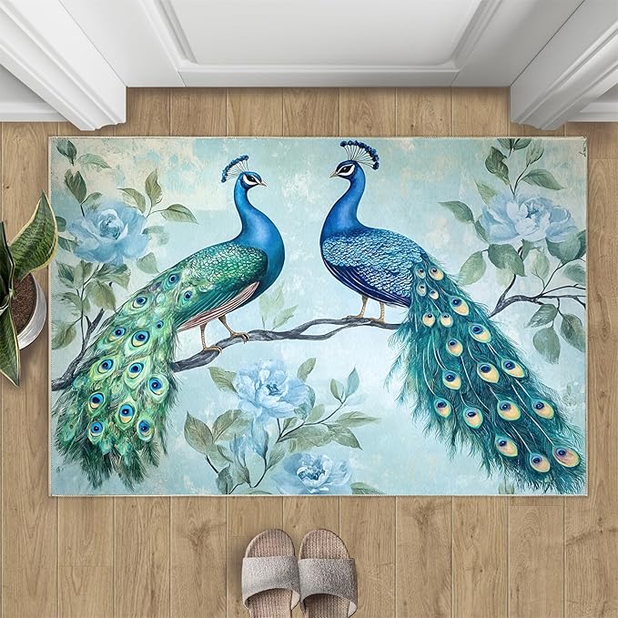 Peacock Rugs for Living Room - 2x3 Rug, Classic Peacock Floral Area Rugs for Bedroom, Teal Turquoise Rug, Modern Style Washable Carpet, Aesthetics Carpet - Peafowl Home Decor & Gifts
