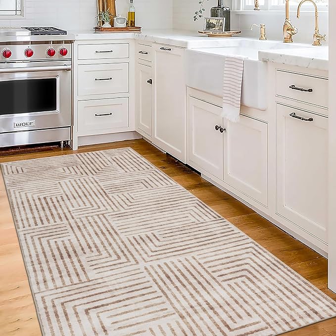 ReaLife Rugs Machine Washable Area Rug Runner - Living Room Bedroom Bathroom Kitchen Entryway Office - Non-Slip Baking Low Pile Stain Resistant Premium - Modern Geometric - Finn - Beige 2'6" x 6'