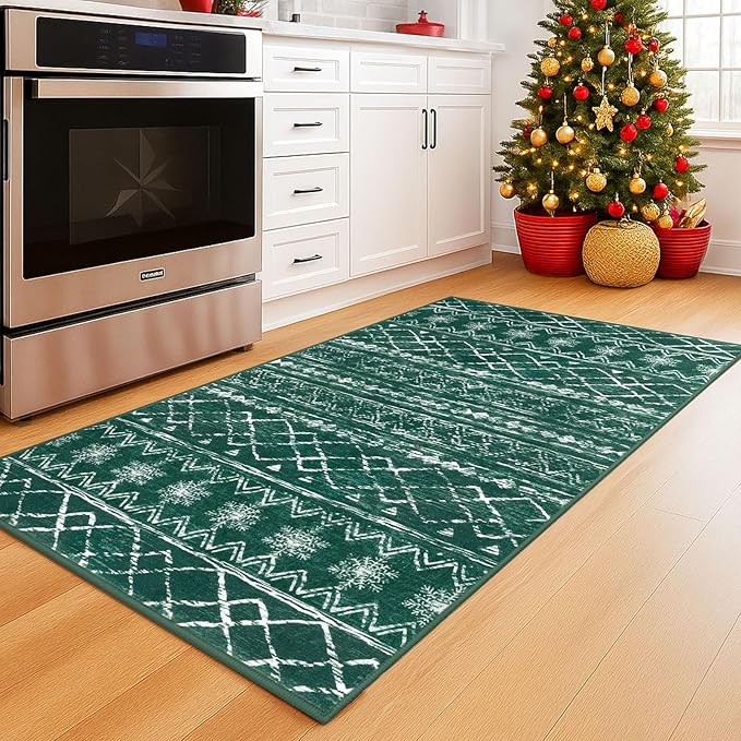 KUTA 3x5 Christmas Enreyway Rug, Moroccan Boho Washable Area Rugs for Living Room Non Slip, Green Ultra Soft Print Distressed Geometric Low-Pile Entry Throw Carpet for Bedroom Nursery Dorm