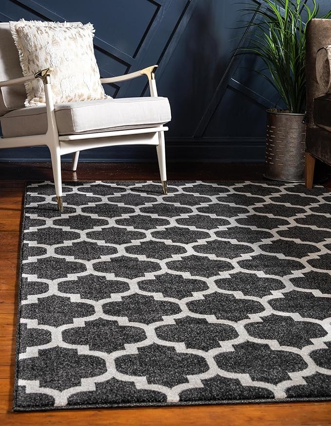Rugs.com Lattice Collection Rug – 9' x 12' Black Medium Rug Perfect for Living Rooms, Large Dining Rooms, Open Floorplans