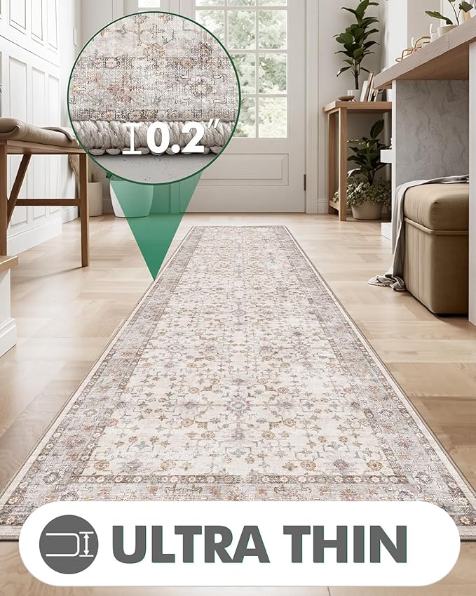 LUMI Runner Rug 3x8, Washable Non-Slip Hallway Throw Rugs, Long Soft Thin Vintage Oriental Kitchen Mats, Low-Pile Indoor Kitchen Entryway Area Rug, Beige