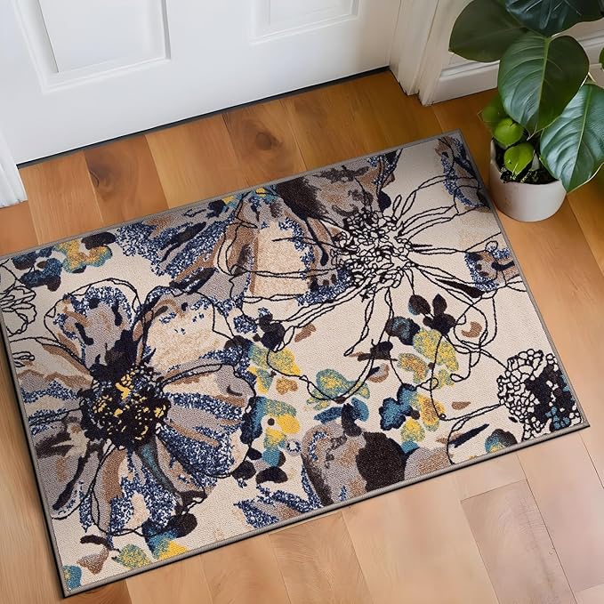 Rugshop Cream Bright Flowers Non Slip Non-Shedding Soft Accent Rug for Bathroom, Kitchen and Entryway, 20" x 30"