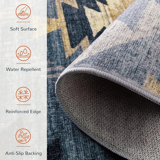 Area Rug 5x7 Rug Machine Washable Rug Non-Slip Low Pile Print Pattern Western Rug for Living Room Bedroom Entryway Tribal Series -Navy/Grey