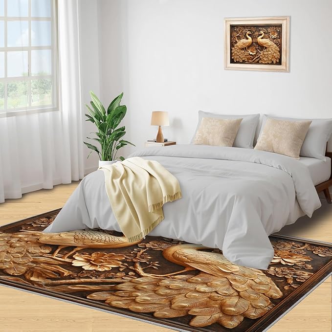 Peacock Rugs for Bedroom - 2x3 Rug, European Style Area Rugs for Living Room, Peacock Decor Carpet, Gold Peafowl Washable Area Mat, Luxury Carpet - Peafowl Home Decor & Gifts