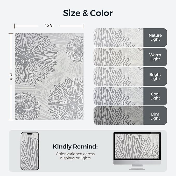 WITSHOCK 10x12 Washable Rug for Living Room,Modern Floral Distress Print Pattern Area Rugs,Stain Resistant with Non Slip Backing Carpet for Dining Room,Bedroom & Home Decor,Grey White