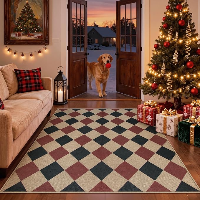 Lahome Checkered 5x7 Rug, Indoor Outdoor Rug Non Shedding Black and Red Washable Carpet, Checkerboard Non Slip Stain Resistant Indoor Carpet for Patio Office Living Dining Room