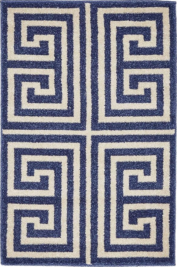 Unique Loom Athens Collection Classic Geometric Modern Border Design Area Rug (2' 0 x 3' 0 Rectangular, Navy Blue/ Beige)