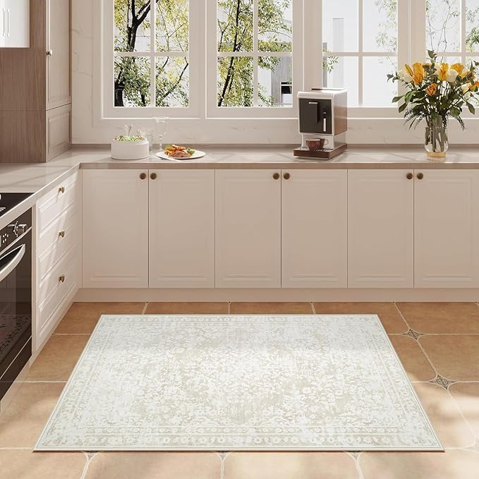 Area Rug 2x3 Entryway Rugs - Machine Washable Vintage Boho Area Rug Non-Slip Kitchen Rugs Soft Stain Resistant Indoor Door Mat, Small Floral Throw Rug for Entrance Hallway Bedroom(Cream Beige, 2'x3')