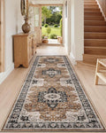 DEXI Hallway Runner Rug 3x7, Distressed Non Slip Runners Carpet, Boho Vintage Soft Thin Indoor Rug, Stain Resistant Washable Entry Mat for Entryway Kitchen Laundry Room Living Room, Brown