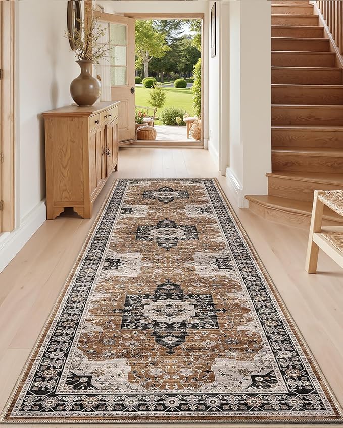 DEXI Hallway Runner Rug 3x7, Distressed Non Slip Runners Carpet, Boho Vintage Soft Thin Indoor Rug, Stain Resistant Washable Entry Mat for Entryway Kitchen Laundry Room Living Room, Brown