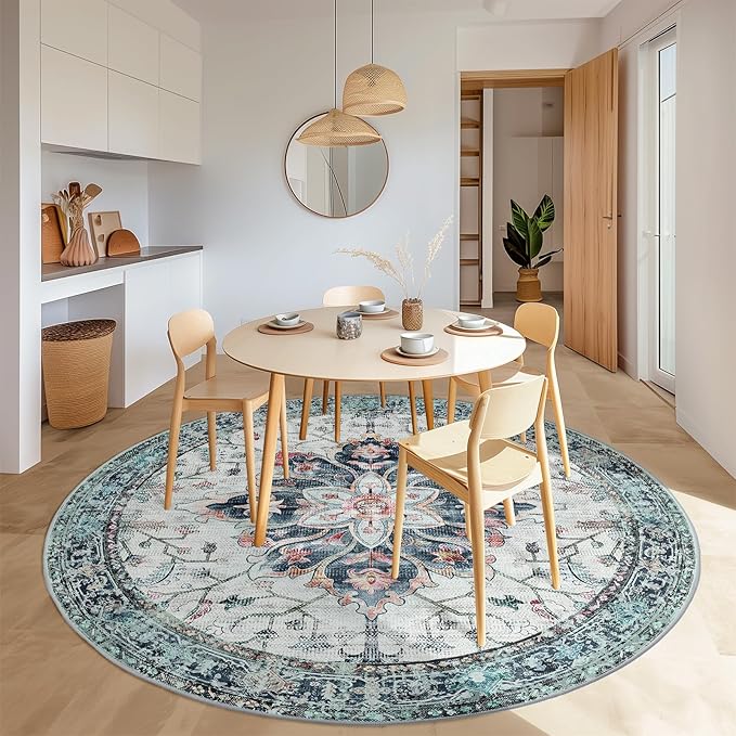 Area Rugs 7ft Washable Non-Slip, Floral Vintage Distress Print Pattern Medallion Carpet for Living Room Bedroom Dining Room, Green Navy Blue White Red Teal Colorful