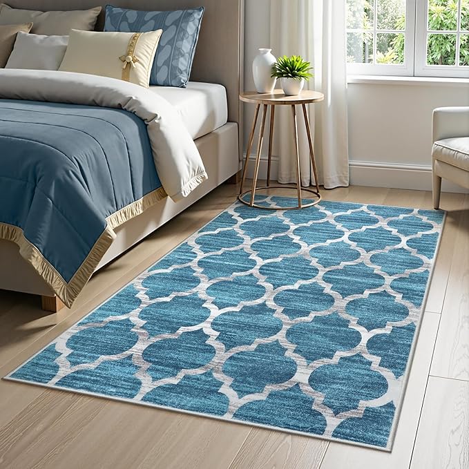 Lahome Moroccan Washable Rugs 3x5,Non-Slip 3x5 Entryway Blue Rug for Bedroom Accent Indoor Distressed Rugs Throw Carpet for Living Room Laundry Room Decor (3’ X 5’, Blue)
