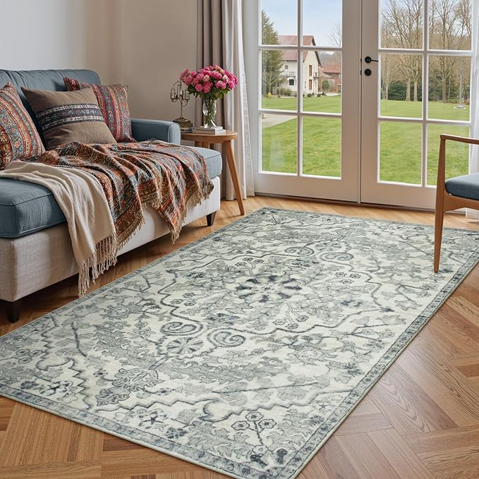 Lahome Area Rug 4x6 Bohemian Vintage Washable Boho Rugs for Bedroom Aesthetic, Beige Rugs for Living Room, Floral Medallion Soft Non-Slip Non-Shedding Faux Wool Rug for Entryway Kitchen Dining Table