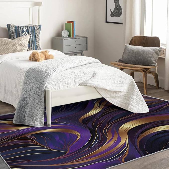 Purple and Gold 8x10 Area Rug, Luxury Rectangular Living Room Bedroom Decor
