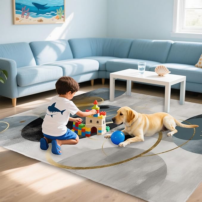 Blue Gray Modern Rug for Living Room 5x7, Low Pile Non-Slip Backing, Machine Washable Easy Fold Rug for Home, Office, Dorm Room