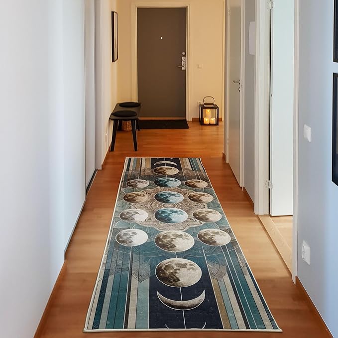 Ambesonne Lunar Art Decorative Rug, Oriental Bohemian Mandala with Moon Phase and Abstract Lines Modern, Quality Carpet Bedroom Dorm and Living Room, 2' 5" x 7' 5", Cadet Blue and Eggshell