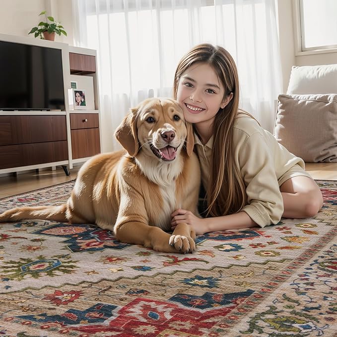 Tangsoo Vintage 4x6 Area Rug, Washable Non Slip Indoor Rugs, Oriental Machine Washable Rug Carpet, Soft Low Pile Foldable Floor Rugs for Dining Room Bedroom Living Room Home Decor Beige/Red