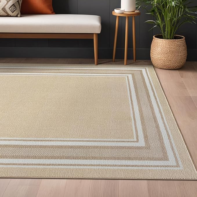 Beverly Rug Non Slip Area Rugs 3x5 Modern Bordered Non Skid Rubber Backing Soft Area Rug for Living Dining Room Easy to Clean Non Shedding Kitchen Bedroom Indoor Carpet 3 x 5 Beige