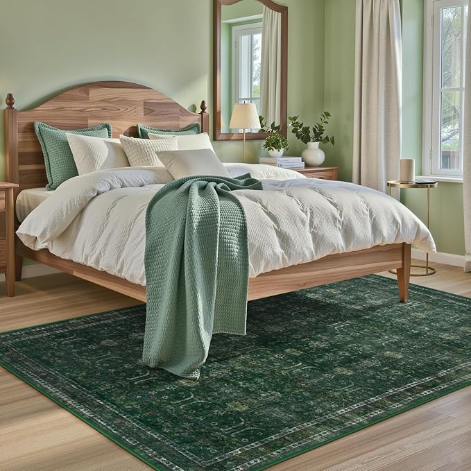 Moynesa Vintage Washable Green Rugs for Living Room 5x7, Retro Area Rug for Bedroom Dining Room Kitchen, Low Pile Soft Non-Slip Accent Carpets for Office Indoor Nursery