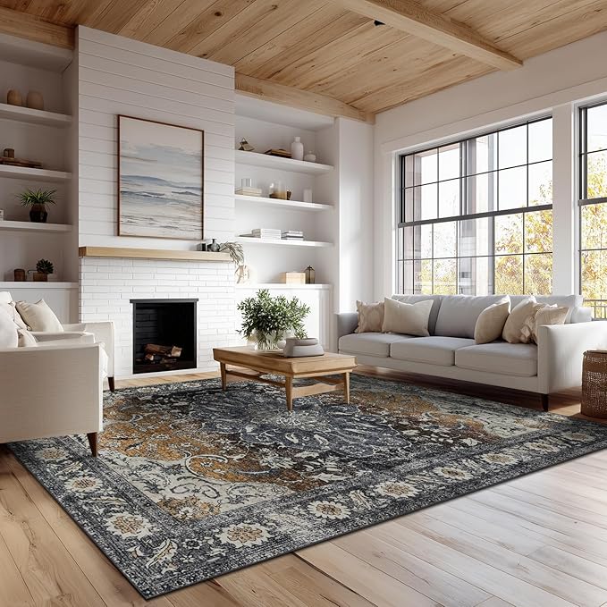 9x12 Area Rug Living Room Rugs, Stain Resistant Washable Rug, Vintage Large Non-Slip Backing, Low Pile Lightweight Print Rug for Bedroom Dinning Room Home Office (Tan/Gray)