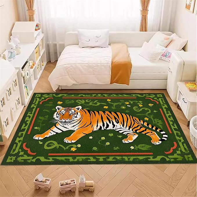 Jungle Tiger Area Rug,5x7ft, Cozy Jungle Style Tiger Print Area Rug Surrounded by Green Plants and Yellow Flowers Washable Animal Rug for Farmhouse Living Room Bedroom Kitchen Kids Room Decor