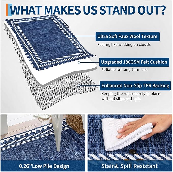 Geometric Bordered 2x6 Washable Runner Rug for Hallway Kitchen Foldable Non Slip Indoor Soft Carpet Modern Stain Resistant Non-Shedding Low Pile Rug for Dining Room Living Room with Rubber Back, Blue