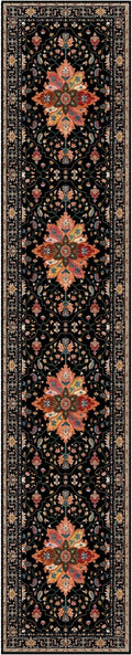 Area Rugs 2'6''x12' Washable Non-Slip, Floral Vintage Distress Print Pattern Medallion Carpet for Living Room Bedroom Dining Room, Black Colorful Floral Dark Tan