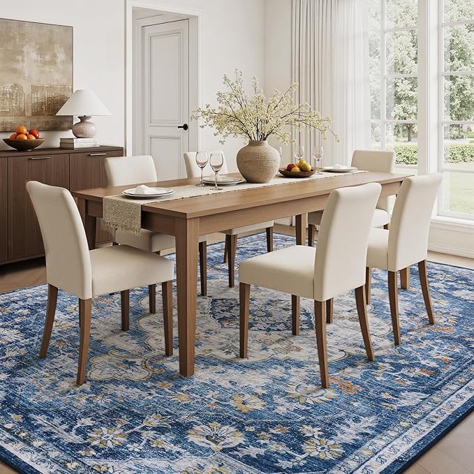 tchdio 5x7 Area Rugs for Living Room, Vintage Non Slip Washable Rug, Soft Low Pile Area Rug Large Floor Indoor Carpet for Bedroom, Dining Room, Office (Blue, 5'x7')