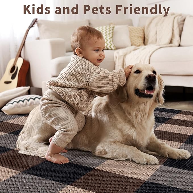 Tangsoo Checkered Easy Jute Rug, 2x3 Washable Ultra Thin Rug for Entryway Non-Slip Black Grey Outdoor Rug,Modern Front Door Mat Carpet for Kitchen Bedroom Porch Doorway