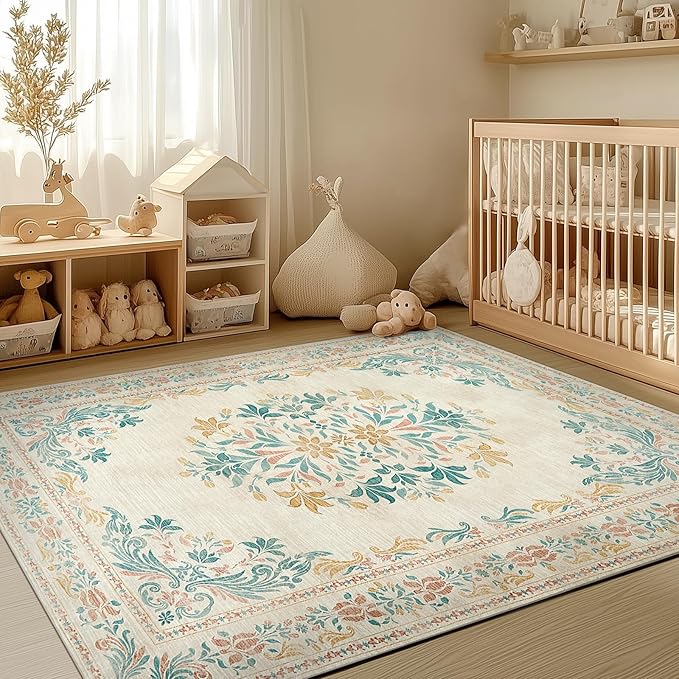 jinchan Floral 4x6 Area Rugs for Nursery - Machine Washable Vintage Distressed Design Soft Ultra-Thin Low-Pile Non-Slip Kids Carpet for Bedroom Living Room Dining Room Home Office (4x6ft, Apricot)