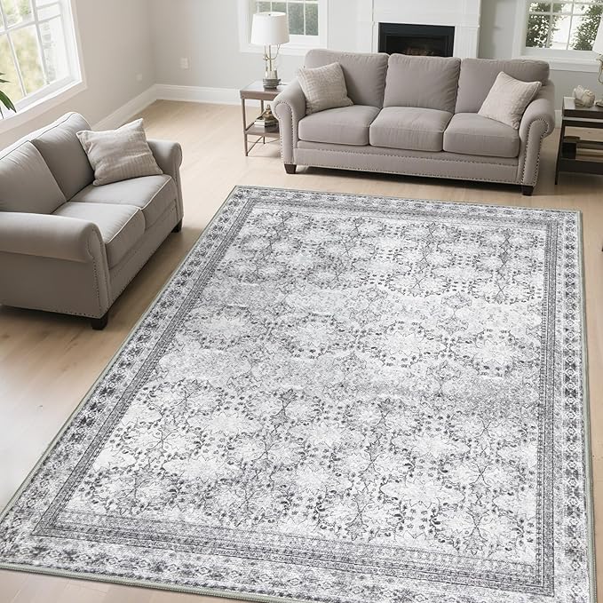 6x9 Washable Area Rug Non Slip, Faded Grey Living Room Rugs Low Pile, Thin Vintage Floral Carpets, Indoor Large Distressed Print Carpet for Bedroom Dining Room Farmhouse Home Office College Dorm