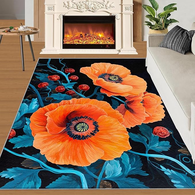 6x9 Poppy Living Room Rug - Retro Flowers Art Bedroom Carpet, Rustic Florals Art Classroom Rug for Carpet Boy Bedroom Office Nursery Hardwood Home Decor