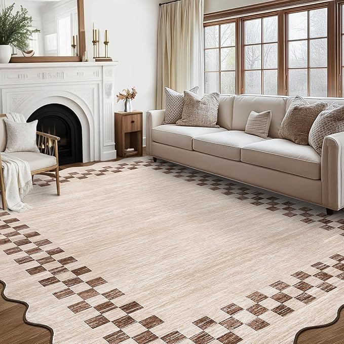 GarveeHome 8x10 Area Rug for Living Room Scalloped Washable Large Bedroom Rug Non Slip Stain Resistant Modern Border Dining Room Throw Carpet Scalloped Boho Rug for Home Decor Office Nursery, Beige