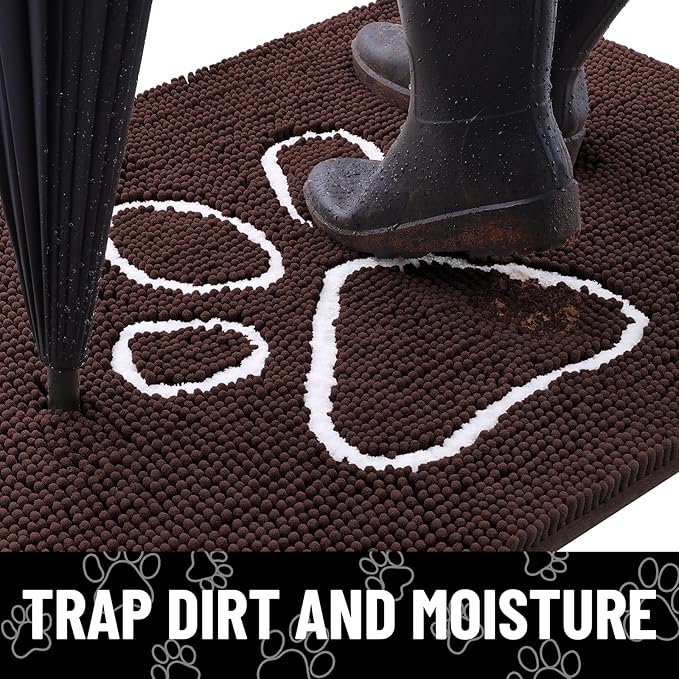 Smiry Dog Door Mat for Muddy Paws, Absorbent Dirt Trapper Non Slip Quick Dry Washable Chenille Mat for Mud Dogs, Entry Rug for Indoor and Outdoor (59x24 Inches, Brown and White)