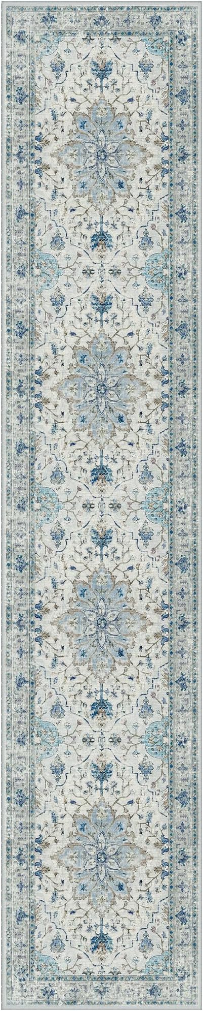 Area Rugs 2'6''x12' Washable Non-Slip, Floral Vintage Distress Print Pattern Medallion Carpet for Living Room Bedroom Dining Room, Light Blue Navy Beige Gray White