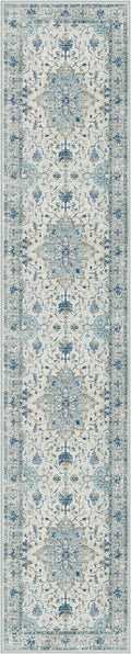 Area Rugs 2'6''x12' Washable Non-Slip, Floral Vintage Distress Print Pattern Medallion Carpet for Living Room Bedroom Dining Room, Light Blue Navy Beige Gray White
