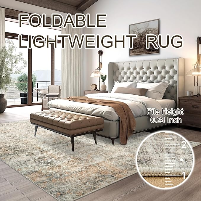 Abstract Rug 8x10 Large Living Room Rugs Neutral Modern Washable Area Rugs for Bedroom Dining Room Non-Slip Stain Resistant Foldable Thin Rug Brown Grey