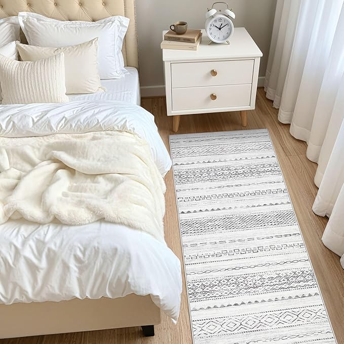 Nakagishi Runner Rug Kitchen Washable Rugs: 3x8 Non-Slip Boho Soft Modern Stain Resistant Indoor Floor Neutral Farmhouse Throw Carpet for Hallway Bathroom Laundry Room Entryway Bedroom- Grey