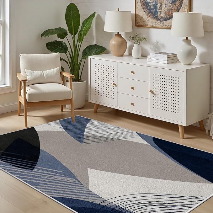 Abstract Art Line Living Room Area Rugs 8x10, Modern Boho Geometric Print Soft Rug, Minimalist Washable Non Slip Neutral Carpet for Bedroom, Dining Room Office Playroom, Navy Blue Gray