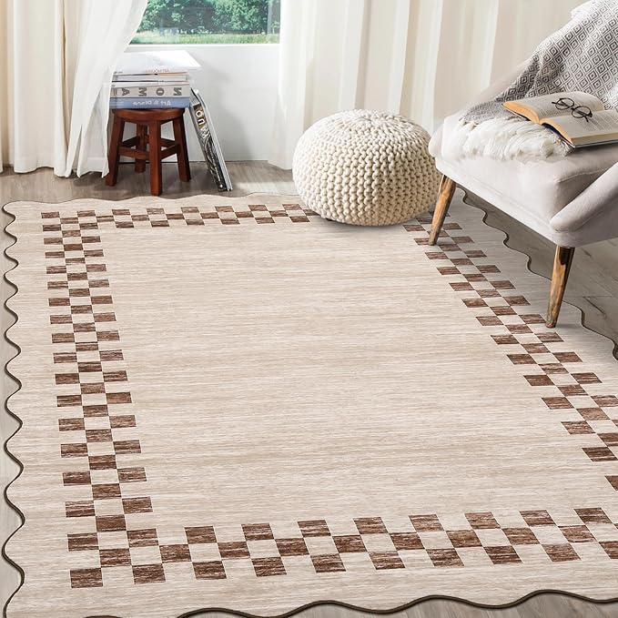 GarveeHome Area Rug 6x9 Large Living Room Modern Border Throw Rug with Rubber Backing Stain Resistant Dining Room Throw Carpet Washable Scalloped Rug for Bedroom Home Decor Office, Beige