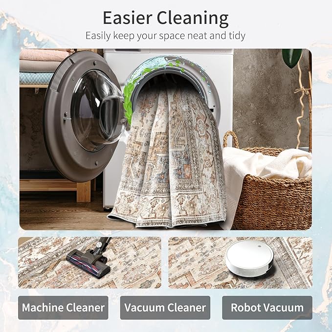 Enkor Area Soft Rugs 5x7 Washable Non Slip Boho Floor Rugs for Living Room Bedroom, Vintage Style Farmhouse Mat for Kitchen Entryway Beige & Brown