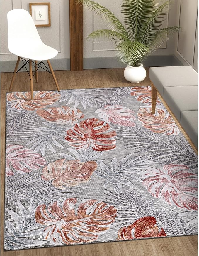CAMILSON Indoor Outdoor Rug, Multi 7’10”x10’ Leaf Tropical Botanical Area Rugs for Indoor and Outdoor patios, Easy-Cleaning Non-Shedding Living Room, Garden and Kitchen Washable Outside Carpet (8x10)