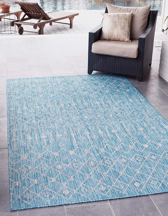 Unique Loom Outdoor Trellis Collection Area Rug - Tribal Trellis (9' x 12' Rectangle, Aqua/ Ivory)