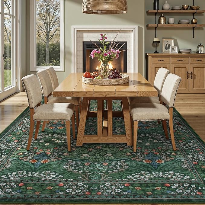 Lahome Floral 9x12 Area Rugs for Living Room Bedroom, Soft Washable Rugs 9x12 Stain Resistant, Ultra-Thin Non-Slip Boho Dining Room Rug Non-Shedding Accent Carpet for Office, Dark Green