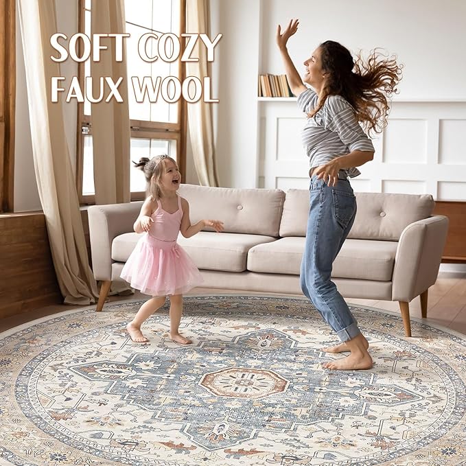 Round Rug Living Room Rugs: 8Ft Washable Boho Neutral Large Circle Soft Indoor Distressed Stain Resistant Floor Farmhouse Carpet for Bedroom Nursery Kids Playroom Office Dining Room Dorm- Beige Blue